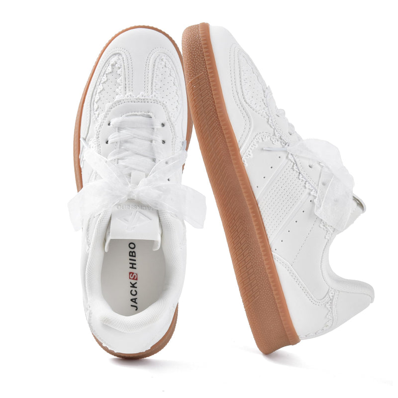 Women's Ribbon Lace-Up Fashion Sneakers Arch Support Tennis Walking Shoes 7.5 White