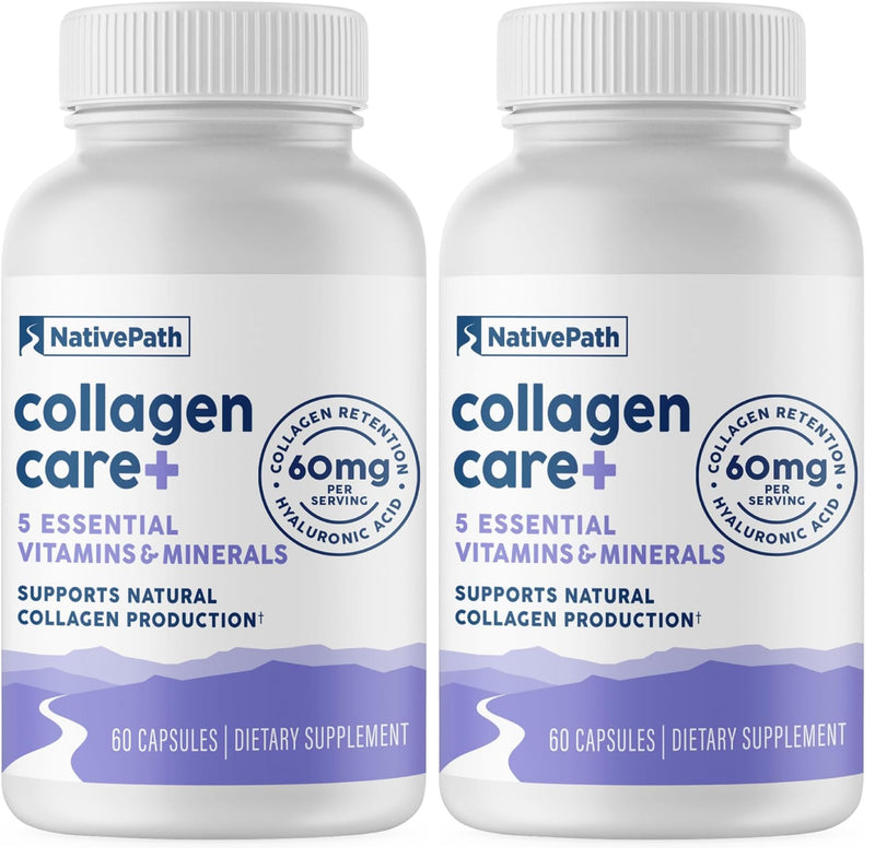 NativePath Collagen Care+, 5 Vitamin Blend with Hyaluronic Acid and Boron that Supports Collagen for Men and Women, 60 Capsules (Pack of 2) 60 Count (Pack of 2)
