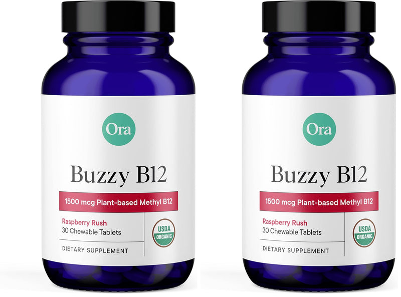 Ora Organic Vitamin B12 1500mcg - Plant-Based methylcobalamin for Adults - Natural Stimulant-Free Energy, Raspberry Flavor chewable Tablets, no Added Sugar - 30 Tablets (Pack of 2) 30 Count (Pack of 2)