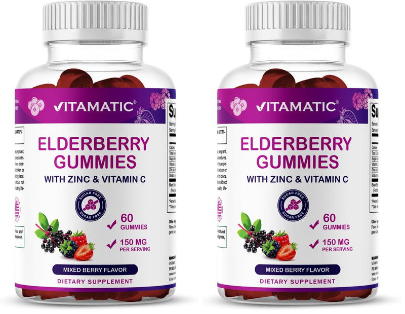 Vitamatic Elderberry Gummies with Vitamin C & Zinc – Immune Support Supplement – Mixed Berry Flavor– 60 Gummies – Made in The USA, Vegan, Non-GMO, Gluten-Free (Pack of 2) 60 Count (Pack of 2)