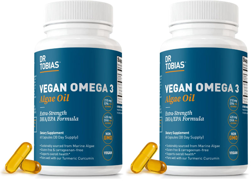 Dr. Tobias Vegan Omega 3 Supplement, 1400mg Algae Oil, 420mg DHA, and 210mg EPA per Serving, Non-GMO, Gluten-Free, Carrageenan-Free, 60 Capsules, 30 Servings (Pack of 2) 60 Count (Pack of 2)