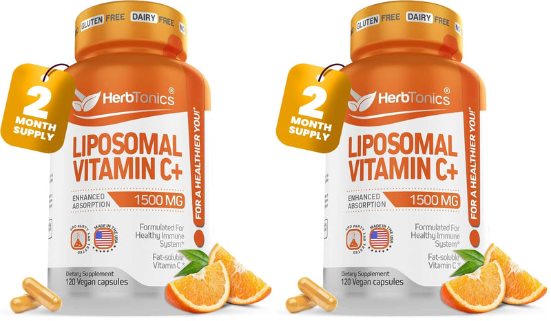 Herbtonics Liposomal Vitamin C Capsules 1500mg Immune Support Supplement | Immune System Health | High Absorption Vitamin C | Contains Collagen | 120 Vegan Capsules Non-GMO (Pack of 2) 120 Count (Pack of 2)