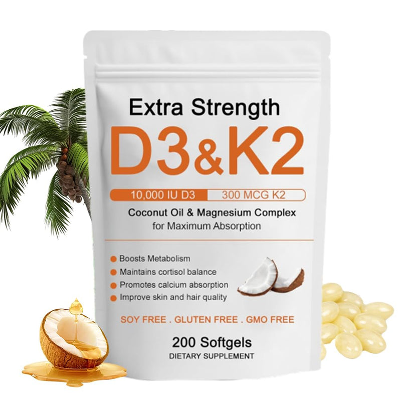 D3 K2 Vitamin 10000 IU, Extra Strength Wellness D3K2 with Triple Magnesium & Coconut Oil for Maximum Absorption, Support Bone & Immune Health, Non-GMO,Easy to Swallow, 200 Softgels 1pc