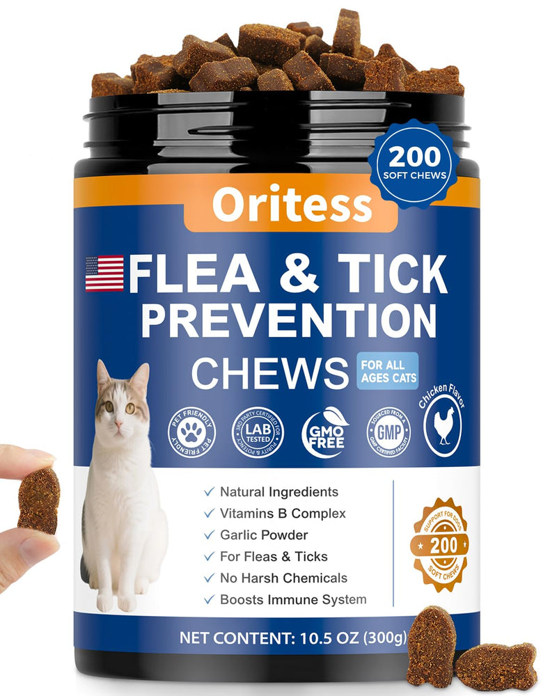 Flea and Tick Prevention for Cats Chewable, 200 Natural Soft Chews,Flea Supplement for Kitten Cat, Skin & Coat Support for Cats All Breeds & Ages - Chicken Flavor 200Soft Chews