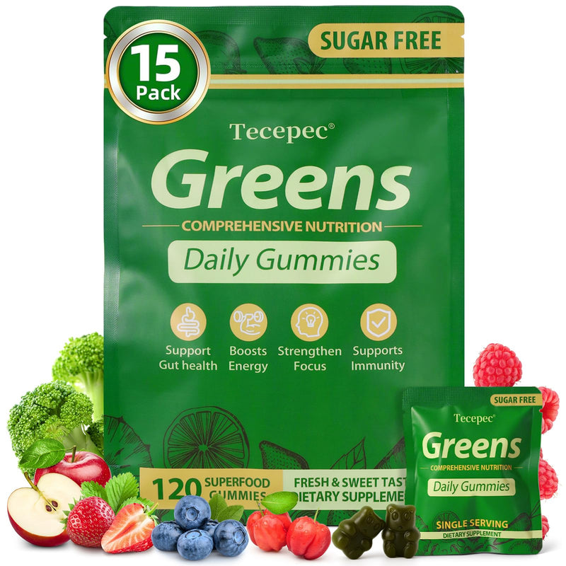 Sugar Free Greens Daily Gummies, Superfood Fruits Veggies Blend with Spirulina, Chlorella, Prebiotics & Fiber, Adaptogens Multivitamin Supplement for Women Men Digestive Health, Non-GMO, 120 Count 120 Count (Pack of 1)