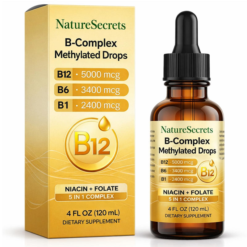 NATURESECRETS B-Complex Methylated Drops, with B12 B6 B1, Fast Sublingual Absorption, Essential B Vitamins for Energy & Nervous System Support, Raspberry Flavor, 120 mL / 4 fl oz