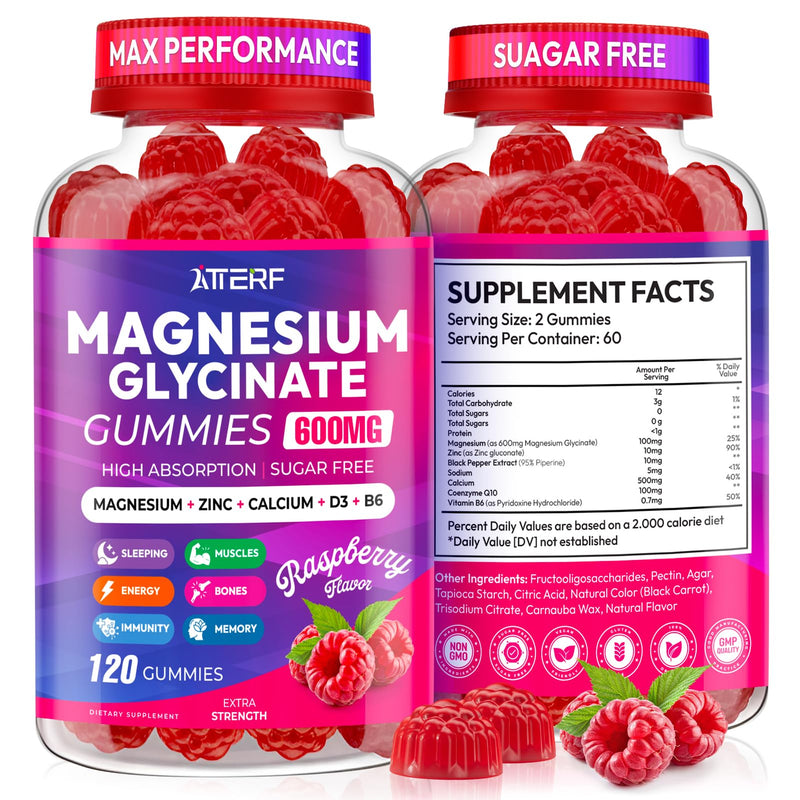Magnesium Glycinate Gummies 600mg, Sugar Free High Absorption Chewable Magnesium Gummies with Zinc, Calcium, CoQ10 & B6 for Zzz, Relaxation, Brain & Muscle Support, Magnesium Supplement with Family 120 Count (Pack of 1)
