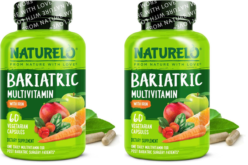 NATURELO Bariatric Multivitamin - One Daily with Iron - Supplement for Post Gastric Bypass Surgery Patients - Natural Whole Food Nutrition - 60 Veggie Capsules (Pack of 2) Unflavored 60 Count (Pack of 2)