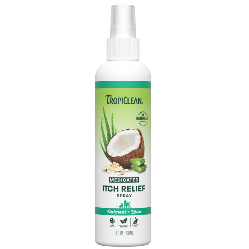 TropiClean Medicated Itch Relief Deodorizing Spray, Oatmeal & Aloe Scented, Dog Perfume with Soothing Aloe, 8 oz.