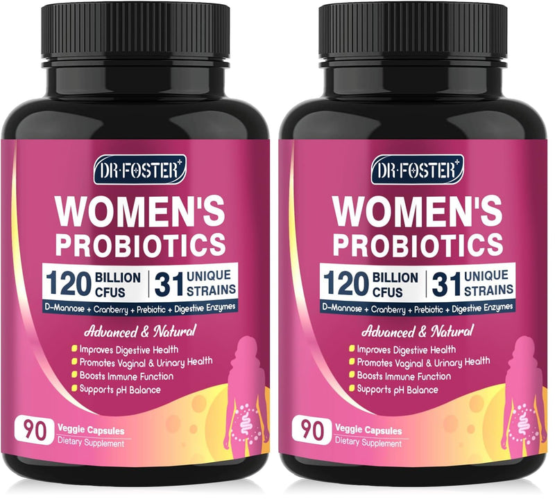DRFOSTER Probiotics for Women Digestive Health, Vaginal probiotics 120 Billion CFU 31 Strains with Digestive Enzymes & Prebiotics & D Mannose & Cranberry for Urinary Tract, 90 Capsules (Pack of 2) 90 Count (Pack of 2)