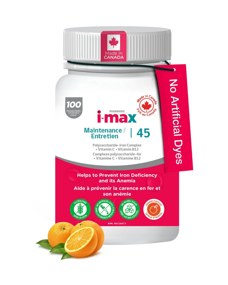 Pharmaris i-max Maintenance Iron Supplement, 45mg Elemental Iron-Polyschaccaride Complex + Vitamin C & B12, Iron Supplement for Women & Men, No Artificial Dyes, Orange Flavor, 100 Chewable Tablets