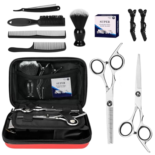 Professional Hair Cutting Scissors Shears Kits, 10 pcs Hair Cutting Kit Includes Barber Bag, Thinning Scissors, Combs, Razor Blades, Neck Duster, Clips for Salon & Home/Men/Women/Kids Red