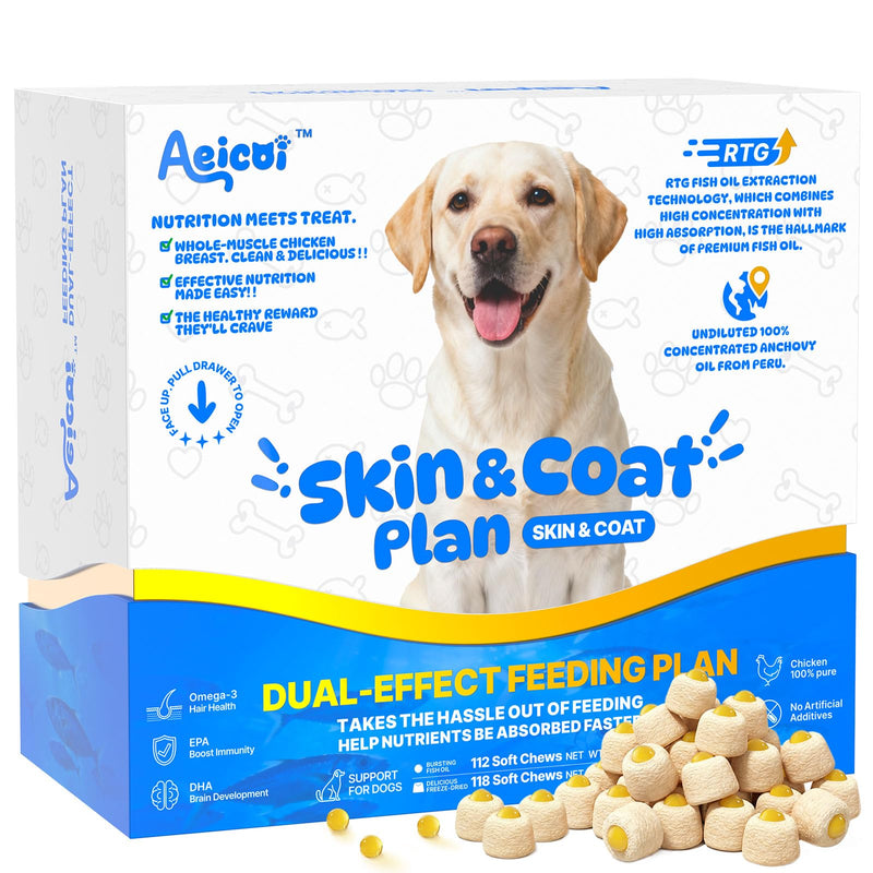 Fish Oil for Dogs, Omega 3 Supplement with Hollow Freeze-Dried Pill Hider Treats, High EPA & DHA Skin and Coat Support for Dry Itchy Skin, Joints & Picky Eaters, Mess-Free Combo 112 Softgels + 118 Freeze-Dried Bites