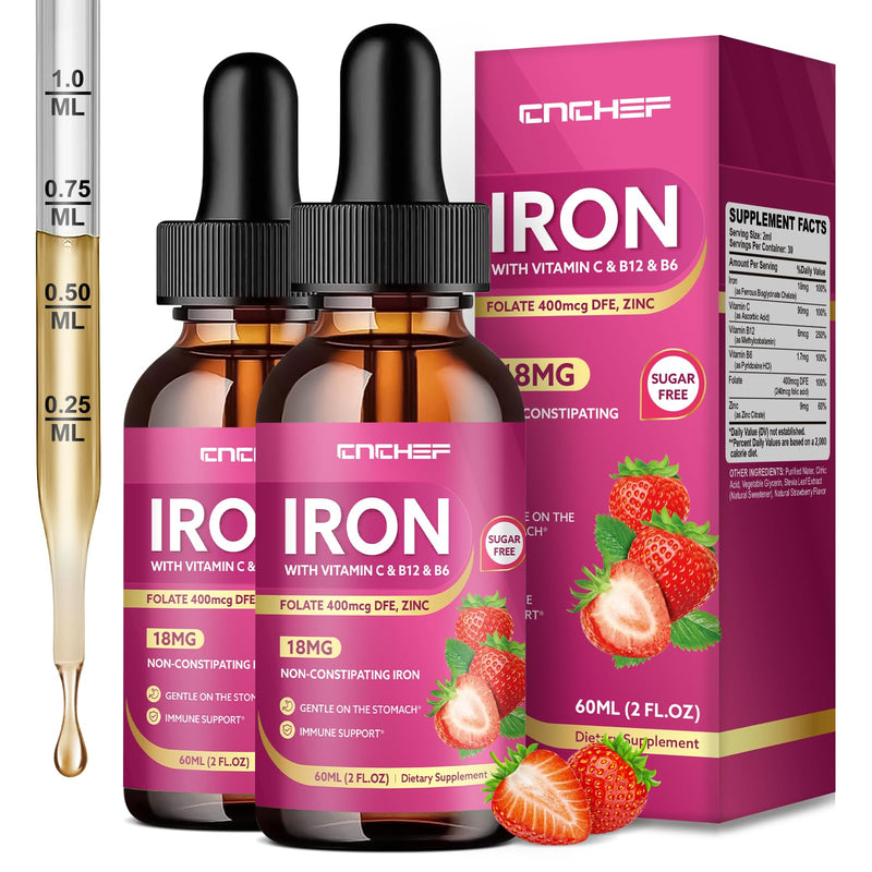 2 Pack Liquid Iron Supplement for Women & Men 18mg with Vitamin C, B12, B6, Folate & Zinc | High Absorption Ferrous Bisglycinate Chelate, Natural Strawberry Flavor, Sugar-Free, Anemia & Energy Support 2 Fl Oz (Pack of 2)