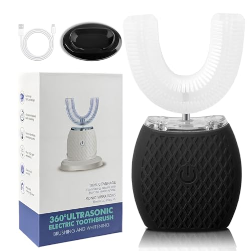 Ultrasonic Automatic Toothbrush, Ultrasonic U-Shaped Toothbrushes for Adult, 360° Mouth Cleaning, Electric ToothBrush with Automatic Timer, Wireless Charging Teethbrush Kit for Travel Or Home (Black) Black