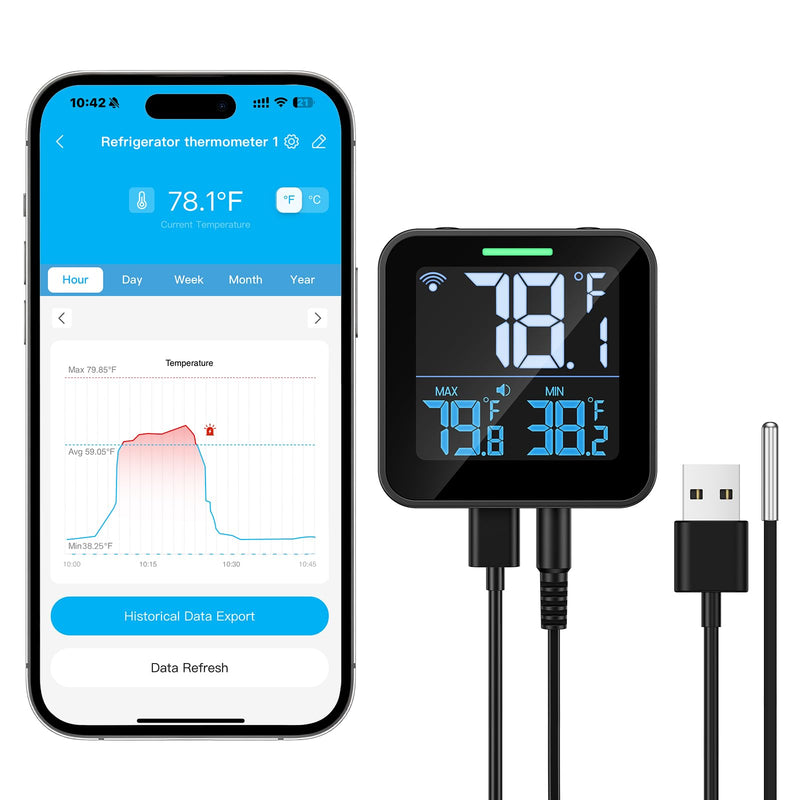 WiFi Refrigerator Thermometer with Freezer Alarm, Digital Fridge Temperature with App Alert, Loud Buzzer & Indicator Alarm, 1-Year Data Export, Freezer Monitor for Kitchen Fish Tank Hot Tub - BeesActive Australia