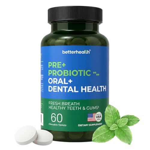 Oral Probiotics for Teeth and Gums, Pre + Probiotic with Zinc, Inulin & Xylitol, Vegan & Non-GMO Chewable Bad Breath Treatment for Adults, Supports Gum & Dental Health, 60 Tablets