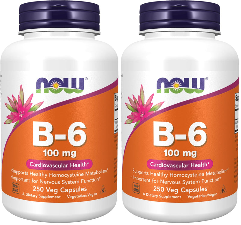 NOW Foods Supplements, Vitamin B-6 (Pyridoxine HCl) 100 mg, Cardiovascular Health, 250 Veg Capsules, (Pack of 2) 250 Count (Pack of 2)