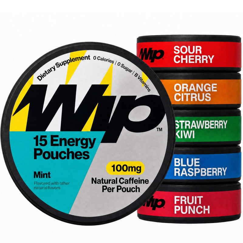 Wip Energy Pouches, Sugar Free Blend of 100 MG Natural Caffeine, B Vitamins & L Theanine, Pre Workout for Active Lifestyles, Variety Pack, 6 Cans, 15 Pouches Each 15 Count (Pack of 6)