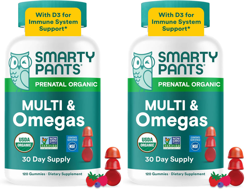 SmartyPants Organic Prenatal Vitamins for Women,Multivitamin Gummies: Biotin,Methylfolate,Omega 3 (ALA),Vitamin D3,C,Vitamin B12,B6,A,K2 & Zinc,Choline,Vegetarian,(30 Day Supply),120 Count(Pack of 2) 1 Count (Pack of 2) Organic + Omega