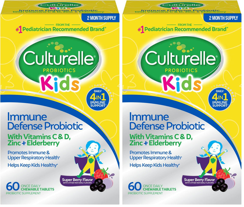 Culturelle Immune Defense Probiotic with Vitamin C,Vitamin D and Zinc + Elderberry,Non-GMO,4-in-1 Immune Support for Kids Ages 3+*,Mixed Berry Chewables,60 Count (Pack of 2) 60 Count (Pack of 2) Kids Immune Defense Probiotic