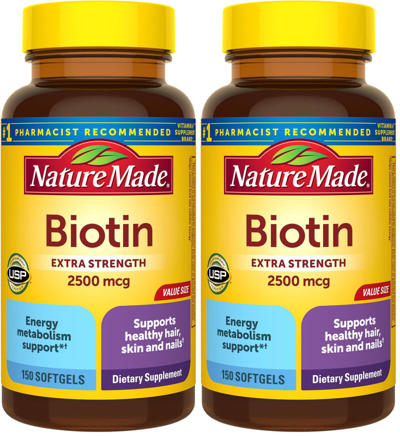 Nature Made Biotin 2500 mcg Extra Strength, Biotin Supplements Support Healthy Hair Skin & Nails, 150 Softgels, 150 Day Supply, (Pack of 2) 150 Count (Pack of 2)