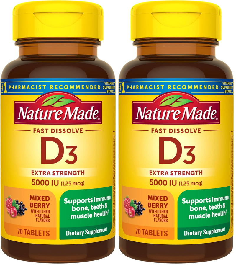 Nature Made Vitamin D3 5000 IU (125 mcg) Extra Strength, Vitamin D Supplement for Immune Support, 70 Sugar Free Fast Dissolve Tablets, 70 Day Supply, (Pack of 2) 70 Count (Pack of 2)