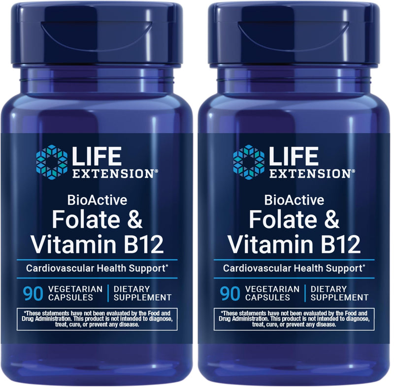 Life Extension BioActive Folate & Vitamin B12,Promotes Heart,Brain & GI Tract Health,Non-GMO,Gluten-Free,Vegetarian,90 Capsules,(Pack of 2) 90 Count (Pack of 2)