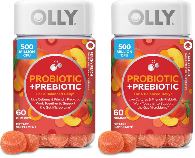 OLLY Probiotic + Prebiotic Gummy,Digestive Support and Gut Health,500 Million CFUs,Fiber,Adult Chewable Supplement for Men and Women,Peach,60 Day Supply -,60 Count (Pack of 2) 60 Count (Pack of 2) Nutritional Supplement