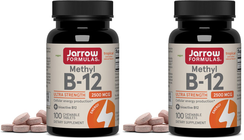 Jarrow Formulas Methyl Vitamin B12 2500 mcg, 100 Chewable Tablets, Tropical Flavored- Bioactive B12 Vitamin - Supports Cellular Energy Production, Brain Health & Metabolism - 100 Servings (Pack of 2) 100 Count (Pack of 2)