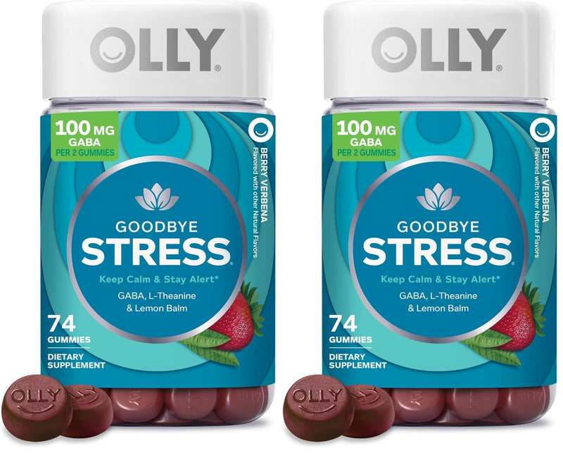 OLLY Goodbye Stress Gummy,GABA,L-Theanine,Lemon Balm,Stress Relief Supplement,Berry -,74 Count (Pack of 2) 74 Count (Pack of 2)
