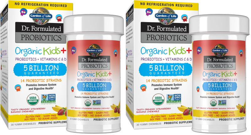 Garden of Life Dr. Formulated Probiotics Organic Kids+-Digestive Health Support-Prebiotic Fiber&Vitamins C&D-Supports Immune Function-Shelf Stable-Strawberry Banana,30 Yummy Chewables,(Pack of 2) 30 Count (Pack of 2)