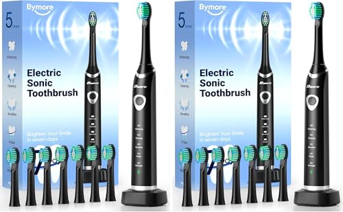 Bymore Electric Toothbrush for Adults,Sonic Rechargeable Toothbrush with 8 Brush Heads,330-Day Battery,5 Cleaning Modes & 2-Min Timer,Travel-Friendly Ultra Clean Design – Black,(Pack of 2) 1 Count (Pack of 2)