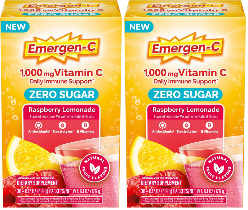 Emergen-C Zero Sugar 1000 mg Vitamin C Powder for Daily Immune Support Caffeine Free Vitamin C Supplements with Zinc & Manganese,B Vitamins&Electrolytes, Raspberry Lemonade Flavor 36 Count(Pack of 2) 6.1 Ounce (Pack of 2)
