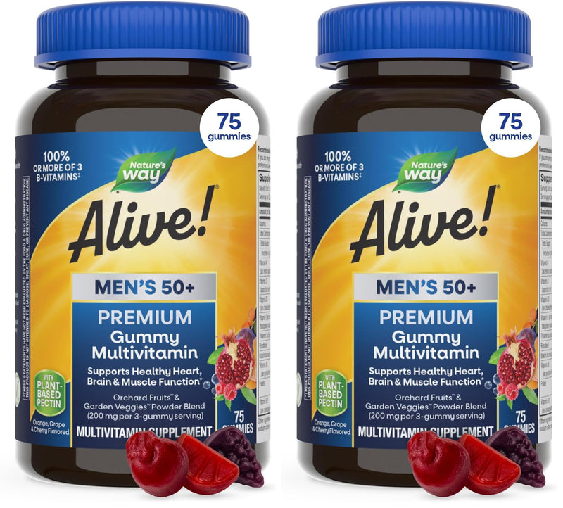Nature's Way Alive! Men’s 50+ Premium Gummy Multivitamin, Supports Healthy Heart, Brain & Muscle Function*, B-Vitamins, Vegetarian, Grape, Orange and Cherry Flavored, 75 Gummies, (Pack of 2) 75 Count (Pack of 2)