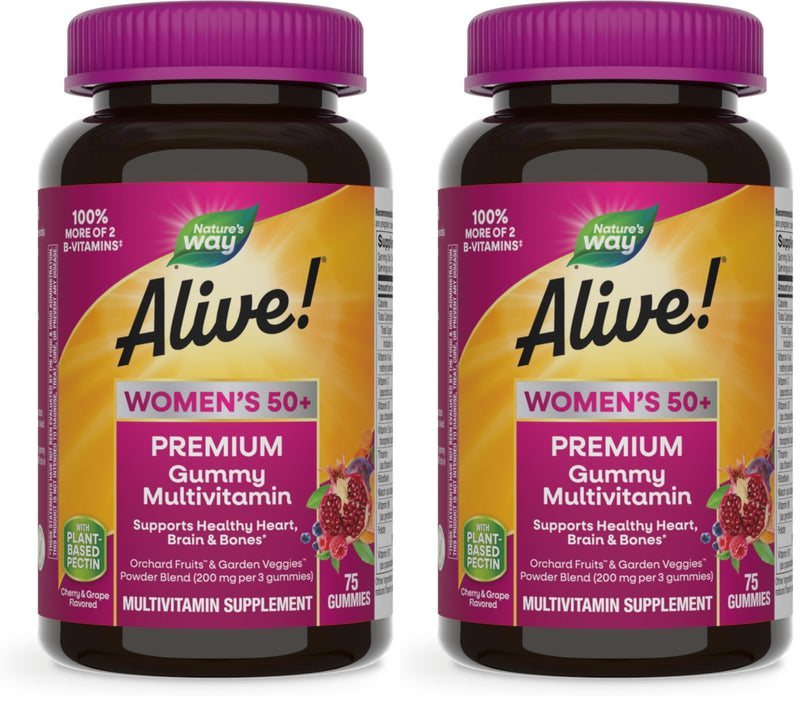 Nature's Way Alive! Women's 50+ Premium Gummy Multivitamin Supplement, Supports Heart, Brain & Bones*,B-Vitamins,Vegetarian,Grape&Cherry Flavored Gummy Vitamins,75 Gummies Packaging Vary,(Pack of 2) 75 Count (Pack of 2)