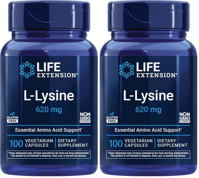 Life Extension L-Lysine,620 mg,Essential Amino Acid for Healthy nitrogen Balance,Calcium Metabolism,Stress Response & More,Gluten-Free,Non-GMO,Vegetarian,100 Capsules,(Pack of 2) 100 Count (Pack of 2) Standard Packaging