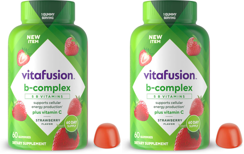 Vitafusion B-Complex Gummy Dietary Supplements, with 5 B Vitamins to Support Cellular Energy Production (1), Plus Vitamin C, Strawberry Flavor, 60 Count (Pack of 2) 60 Count (Pack of 2)