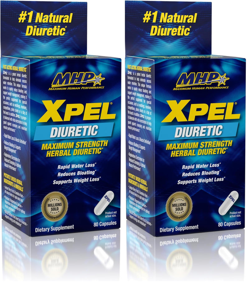 Maximum Human Performance Xpel Maximum Strength Diuretic Water Pills, for Water Retention Relief, Weight Loss Support, with Vitamin B-6 Potassium Dandelion Root, 80 Capsules, (Pack of 2) 80 Count (Pack of 2)