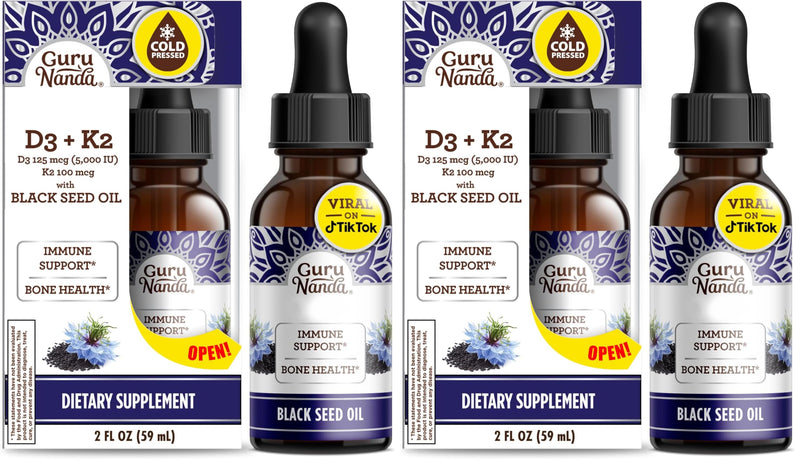 GuruNanda Black Seed Oil, Cold-Pressed Nigella Sativa - Rich in Vitamin D3 5000 Units, K2 & E, High Thymoquinone | Potent Antioxidant for Immune Support, Non-GMO, 2 Fl.oz,(Pack of 2) 2 Fl Oz (Pack of 2)