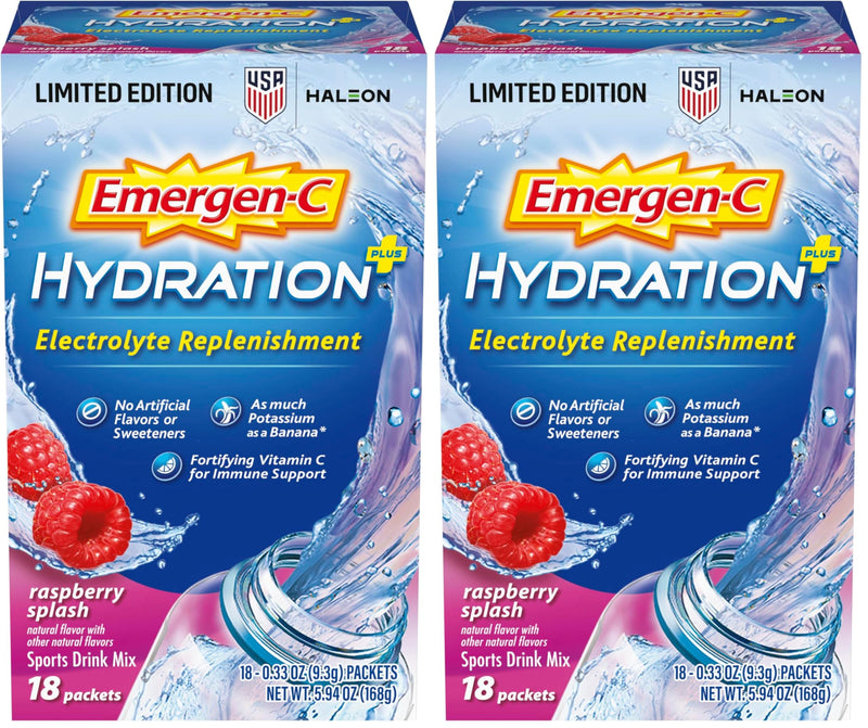Emergen-C Hydration+ Sports Electrolyte Replacement Sports Drink Mix Powder with Vitamin C, Raspberry Splash Flavor, Back to School Essentials - 18-0.33 oz On The Go Packets (Pack of 36) 0.33 Ounce (Pack of 36)