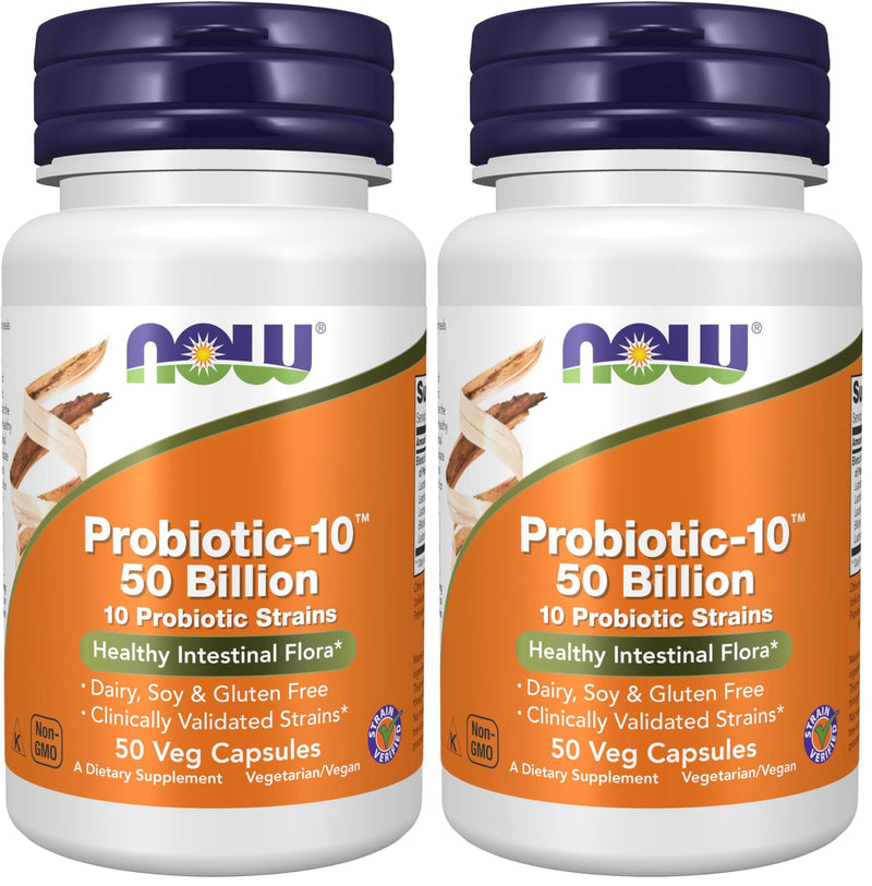 NOW Foods Supplements,Probiotic-10™,50 Billion,with 10 Probiotic Strains,Strain Verified,50 Veg Capsules,(Pack of 2) 50 Count (Pack of 2)