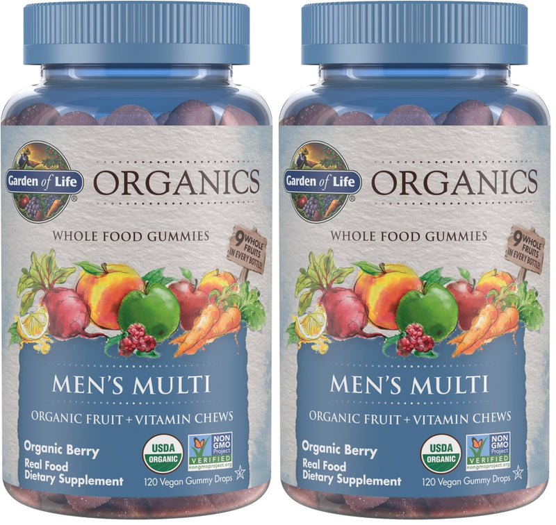 Garden of Life Organics Men's Gummy Vitamins - Berry - Certified Organic,Non-GMO,Vegan,Kosher Complete Multi - Methyl B12,C & D3 - Gluten,Soy & Dairy Free,120 Real Fruit Chew Gummies,(Pack of 2) 120 Count (Pack of 2)
