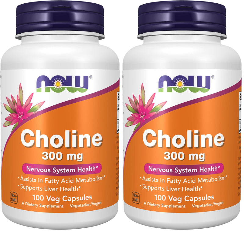 Now Supplements Choline 300 mg, 100 Veg Capsules - Supports Nervous System and Liver Health*, Vegan, (Pack of 2) 100 Count (Pack of 2)