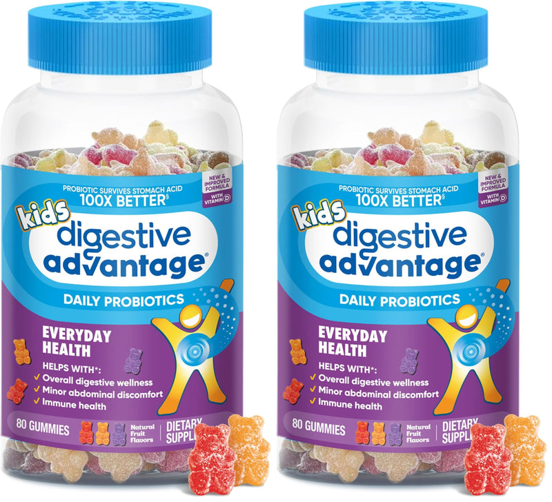 Digestive Advantage Daily Kids Probiotics - 2X 80ct Fruit Flavor Gummies natural fruit flavours 80 Count (Pack of 2)