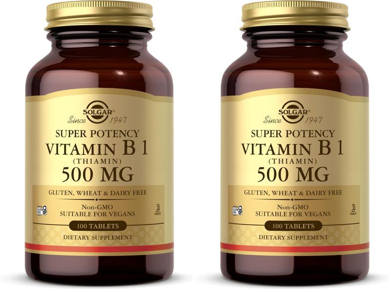 Solgar Vitamin B1 (Thiamin) 500 mg, 100 Tablets - Energy Metabolism, Healthy Nervous System, Overall Well-Being - Super Potency - Non-GMO, Vegan, Gluten Free, Dairy Free - 100 Servings, (Pack of 2) Unflavored 100 Count (Pack of 2)