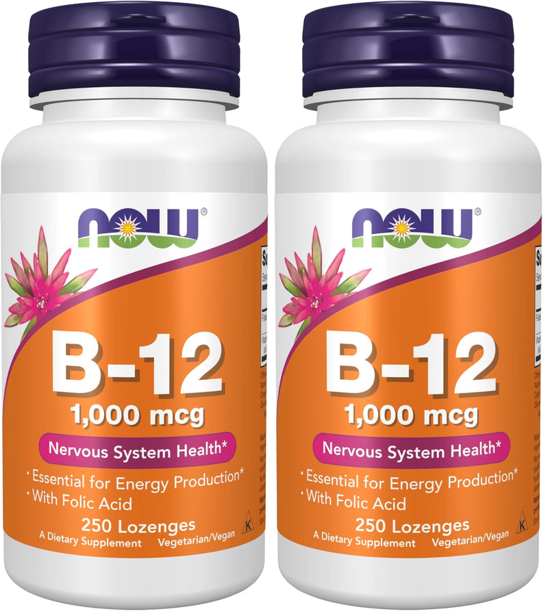 NOW Foods Supplements, Vitamin B-12 1,000 mcg with Folic Acid, Nervous System Health*, 250 Chewable Lozenges, (Pack of 2) 250 Count (Pack of 2)