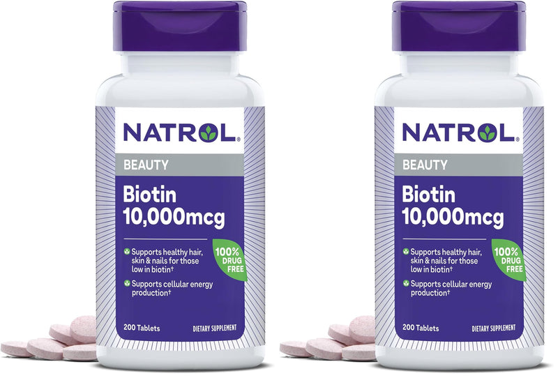 Natrol Biotin 10000mcg, Supplement for Healthy Hair, Skin and Nails for Those Low in Biotin, Plus Energy Metabolism Support, 200 Tablets, Up to a 200 Day Supply,(Pack of 2) Unflavored 200 Count (Pack of 2)