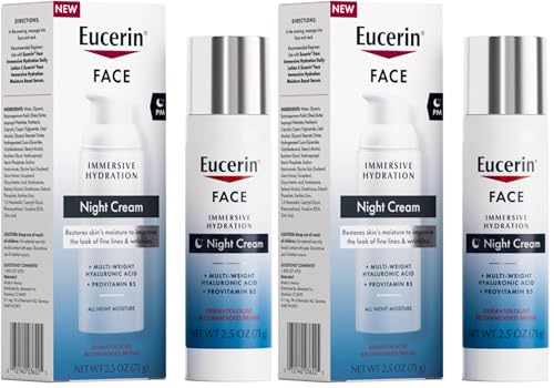 Eucerin Face Immersive Hydration Night Cream with Hyaluronic Acid and Provitamin B5,Ultra-Lightweight Face Moisturizer Smooths Fines Lines and Wrinkles,2.5 Oz Bottle,(Pack of 2) 2.5 Fl Oz (Pack of 2)