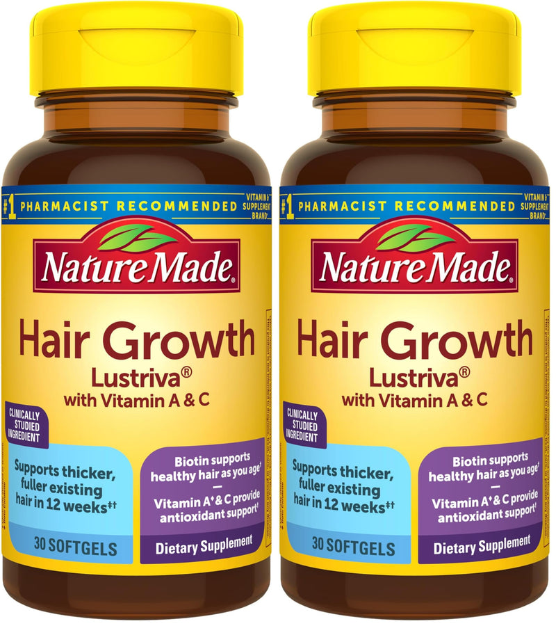 Nature Made Hair-Growth Softgels, Clinically Studied Lustriva + Biotin, Vitamin C & A, Hairs Growth Vitamins - Support Healthy Hair as You Age, 30 Softgels, 30 Day Supply, (Pack of 2) 30 Count (Pack of 2)